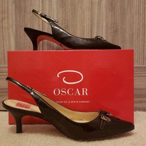 Triple Buckle Brown Oscar patent leather slingbacks